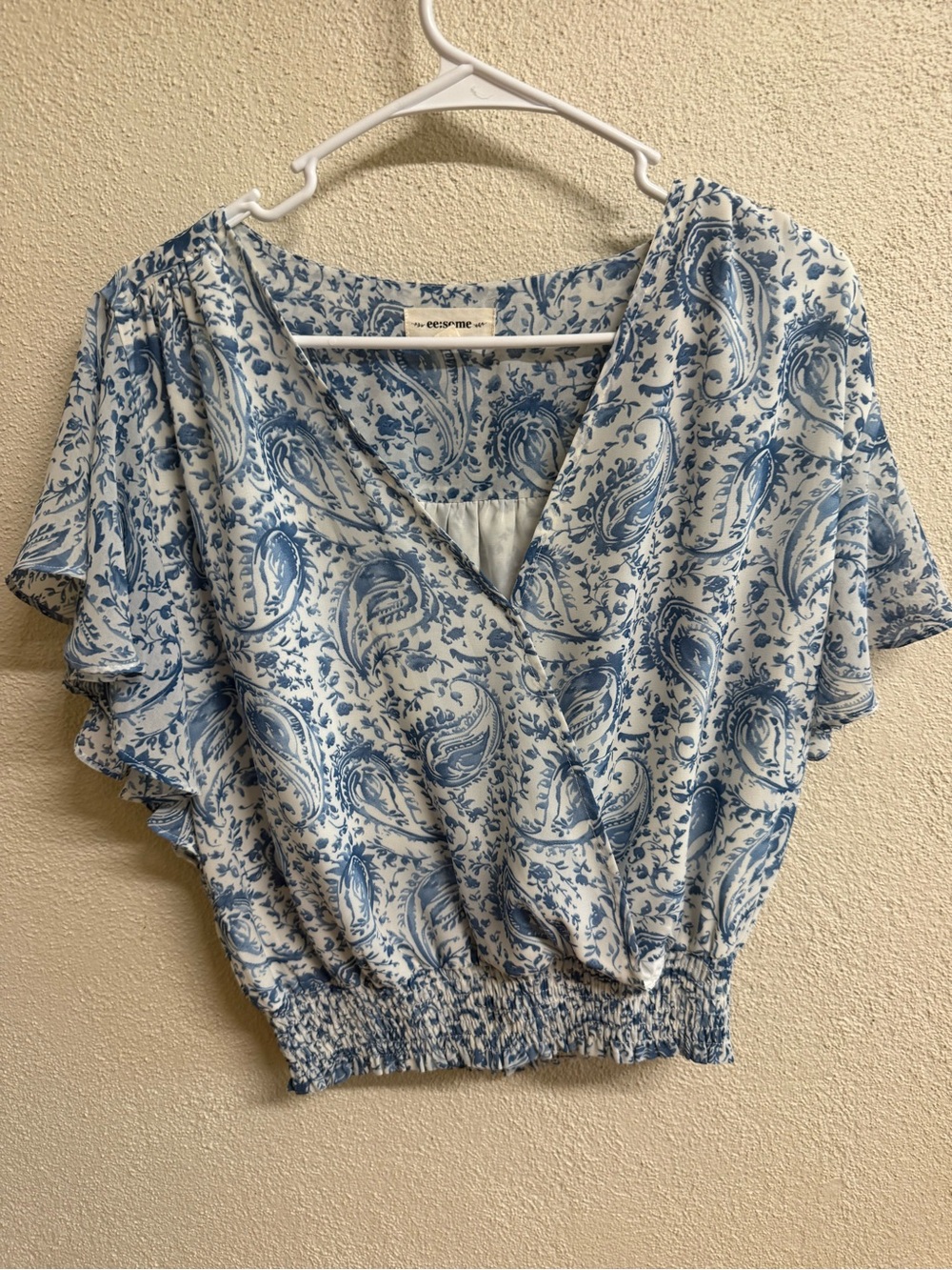 Blue Paisley Wrap-Style Women's Top
